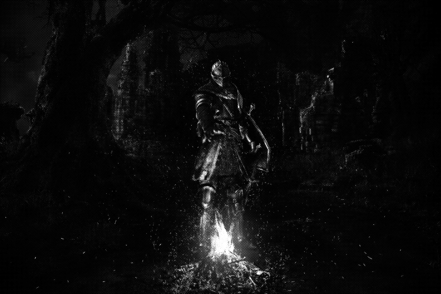 A distorted, halftone image of the dark souls remastered banner art.