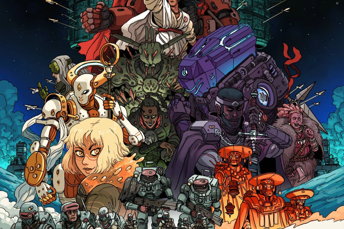A dark, distorted, halftone image of the Lancer RPG cover art.