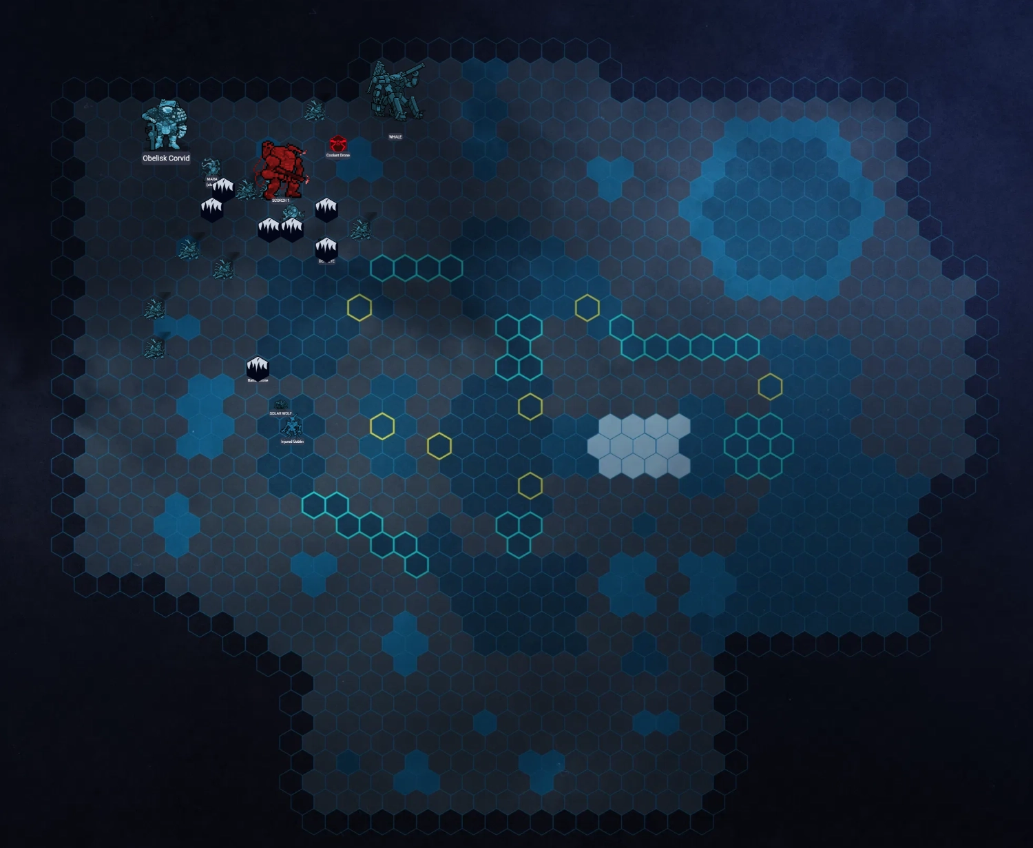 A colored hex map that represents the battle in the second session of the Jotun campaign.