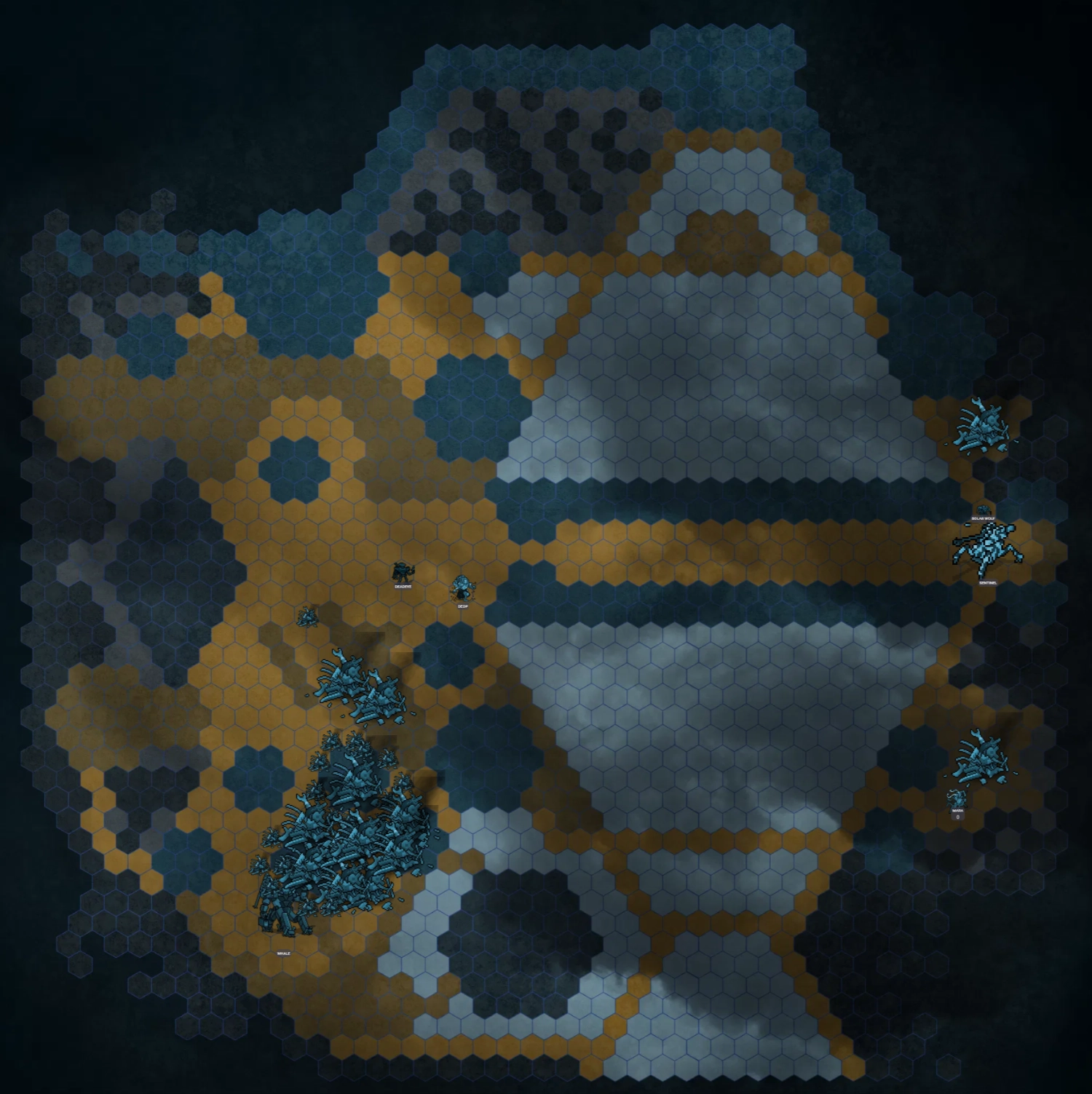 A colored hex map that represents the battle in the first session of the Jotun campaign.