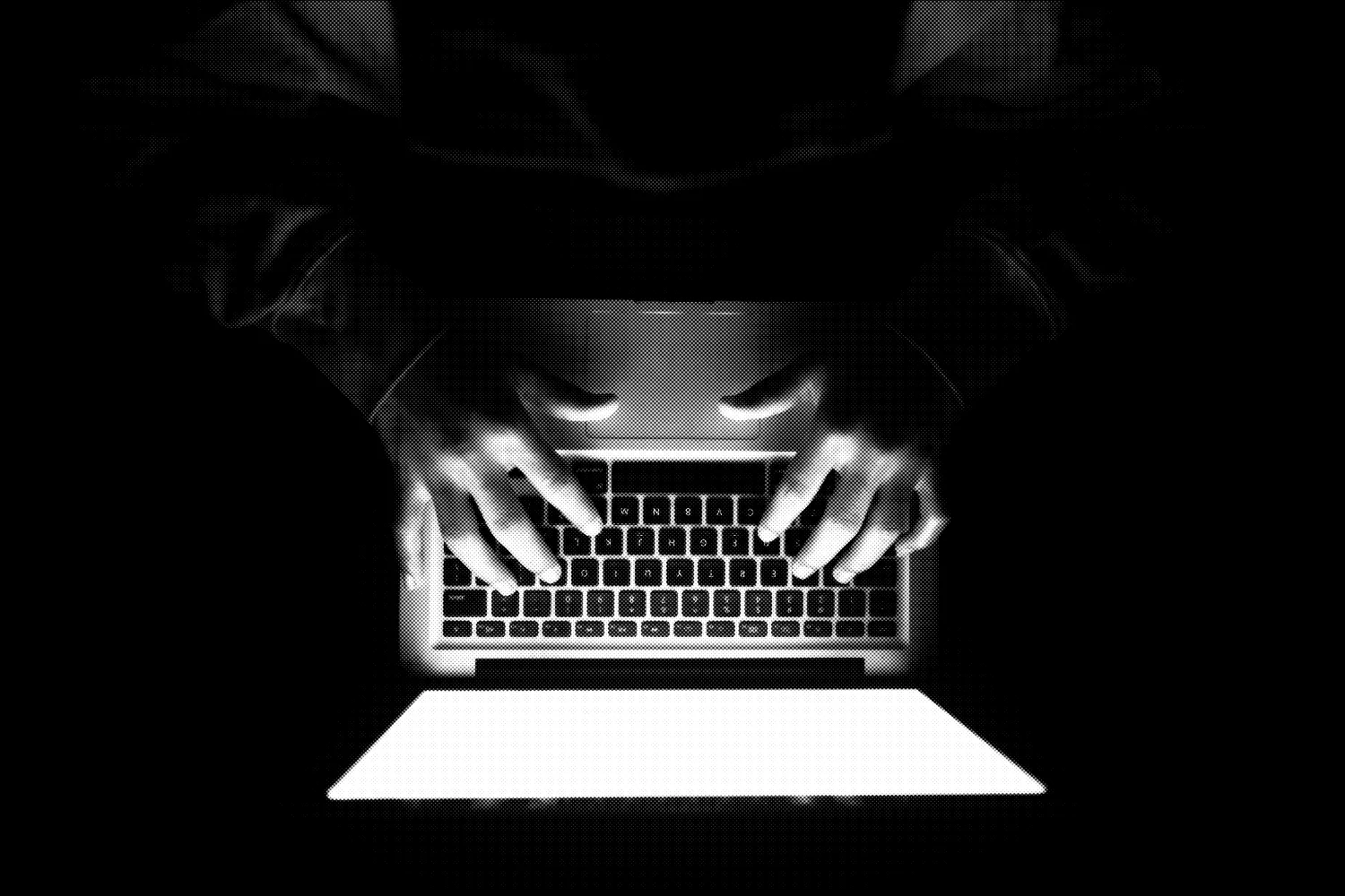 A distorted, halftone image of someone typing on a Macbook in the dark.