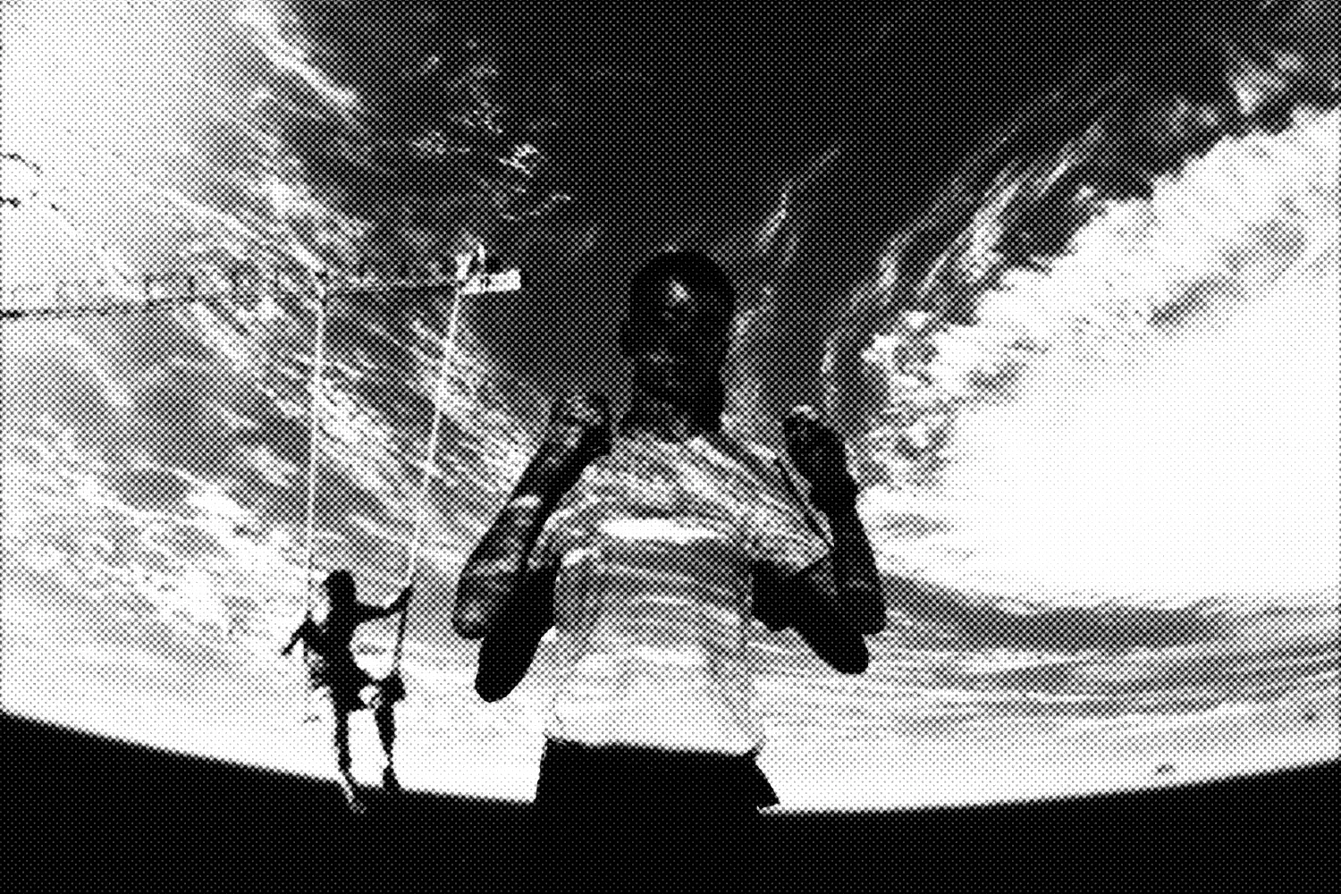 A dark, distorted, halftone image of a man in front of an image with a figure on a swingset superimposed over an image of Earth from space.