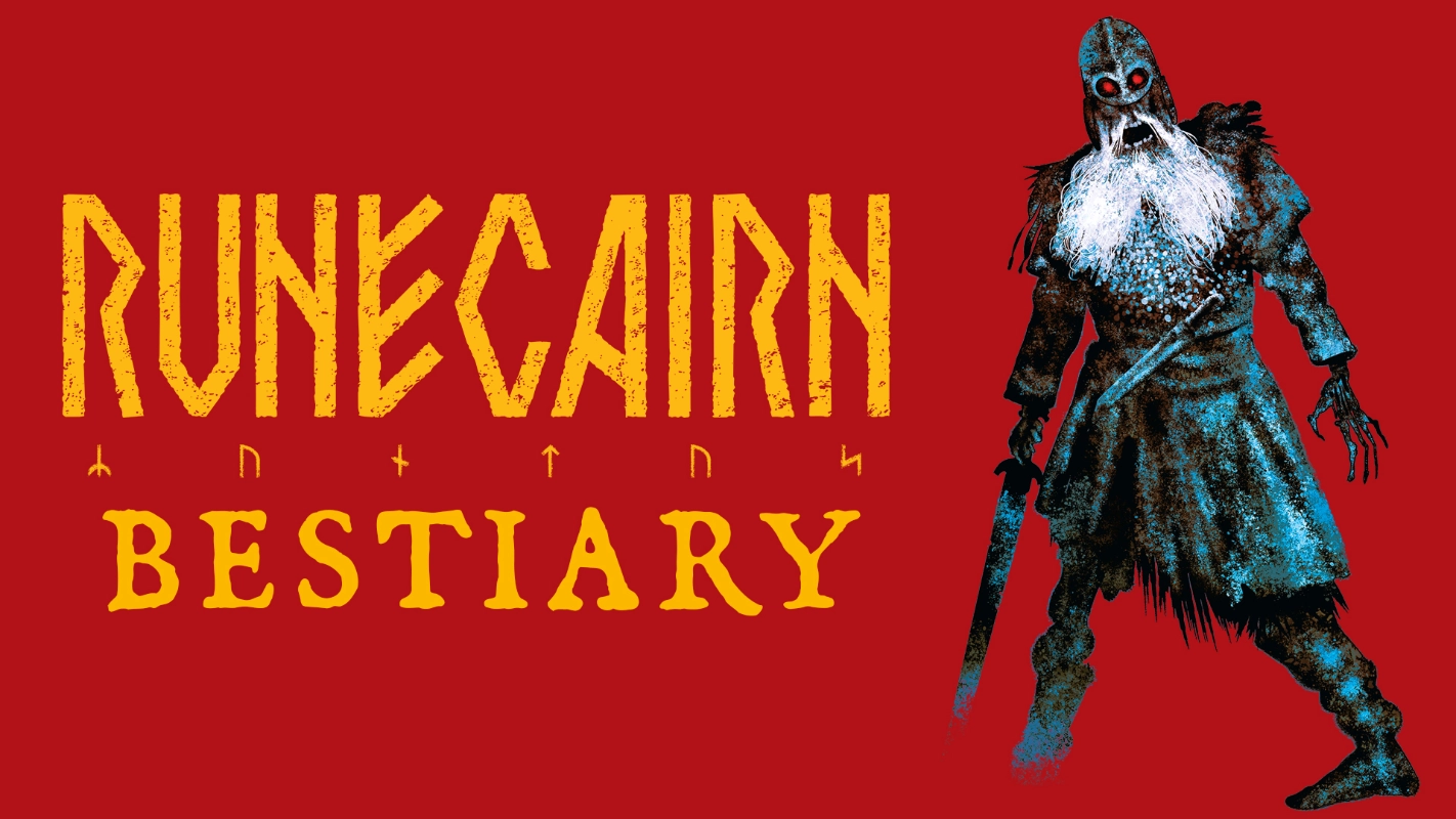 A bright red banner with a blue, undead viking and yellow runic text that says Runecairn Bestiary.