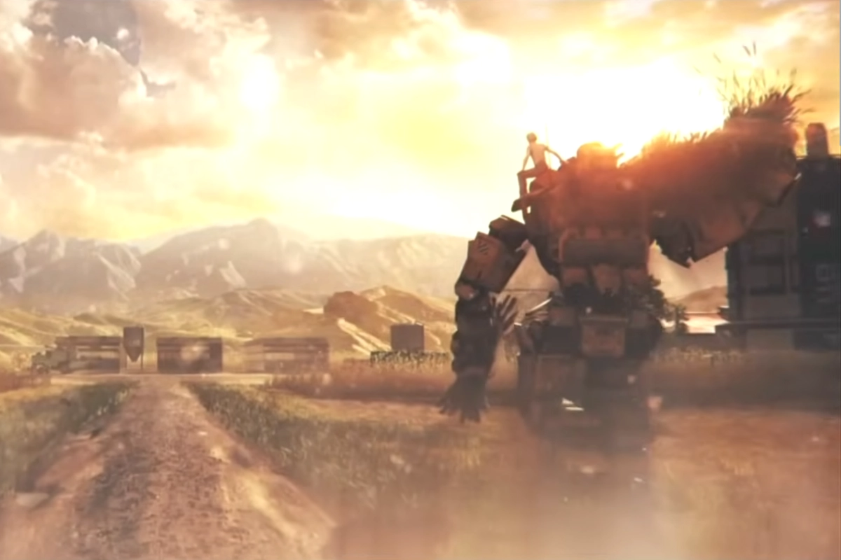 A large mech with a human pilot is carrying hay and a bundle of sticks on a farm in bright sunlight.